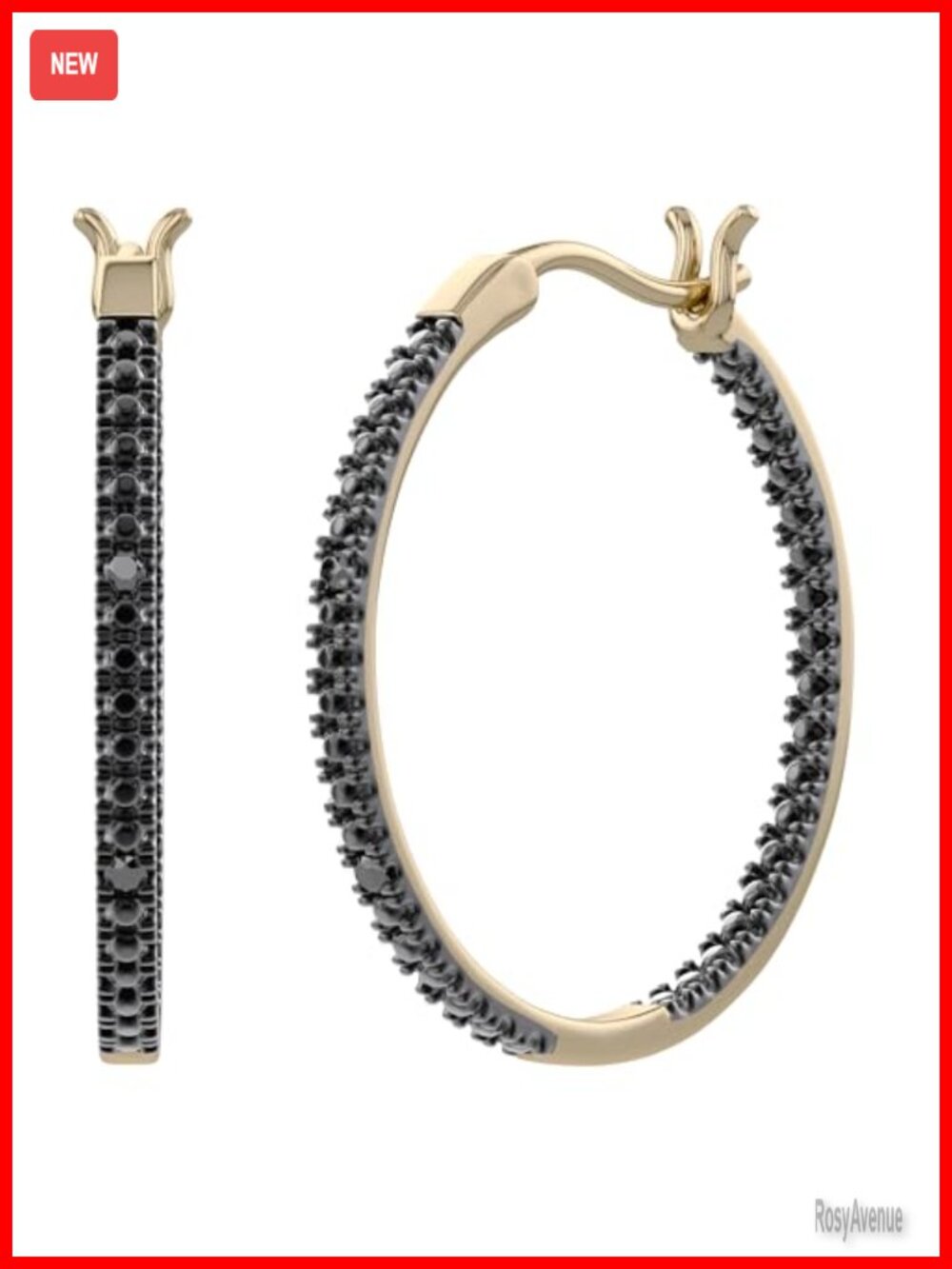 14K Yellow Gold Plated 925 Sterling Silver Black Natural Diamond Hoop Earrings